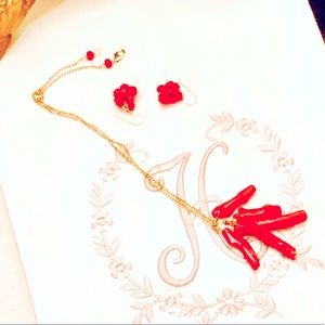 Italian Red Horn Coral Necklace & Earring Set
